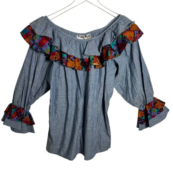 Vintage Pioneer Wear Southwest Ruffle Chambray Blouse Top Size Medium aztec - Picture 6 of 6
